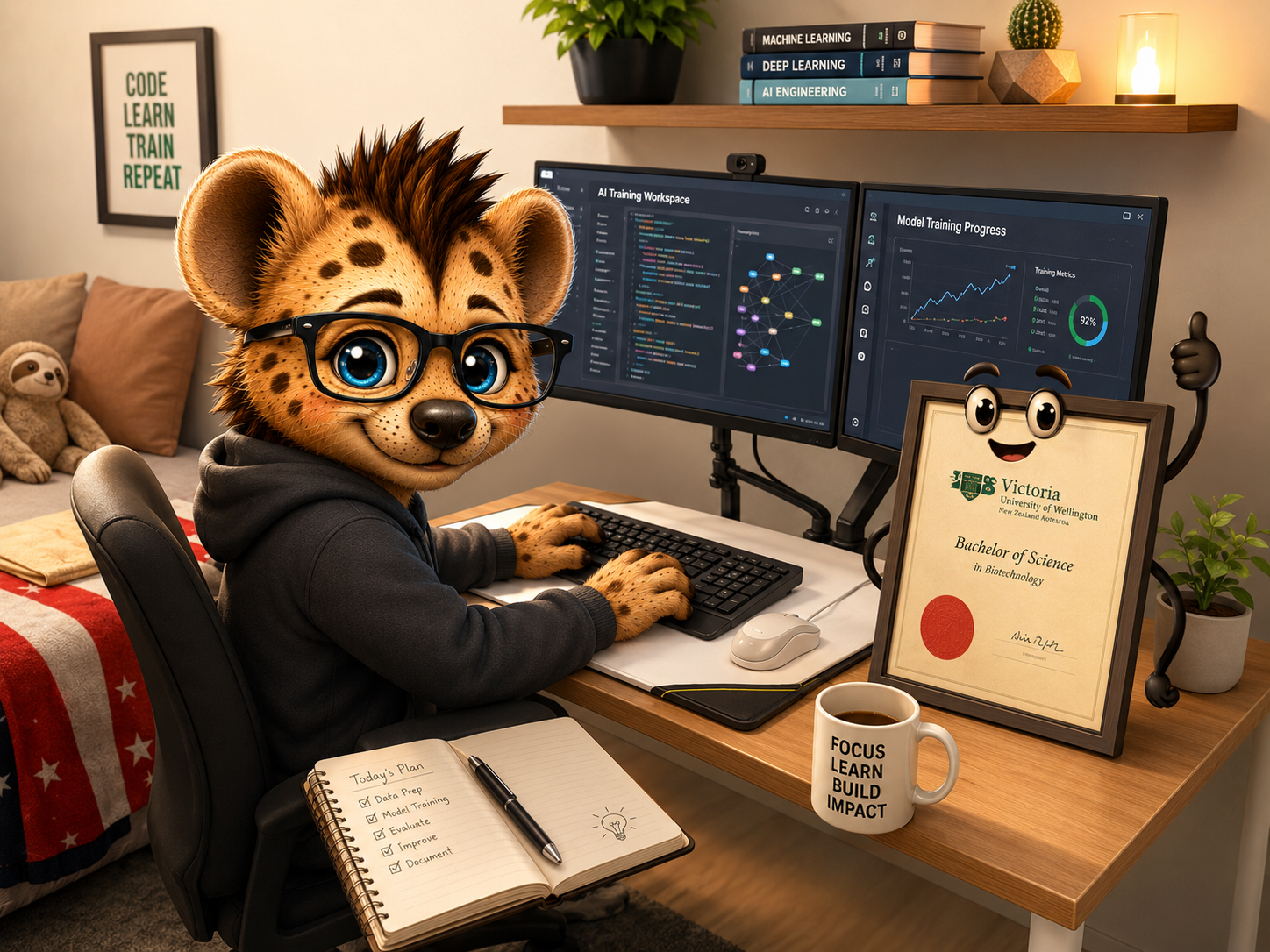 Hyena AI mascot at desk with AI training setup
