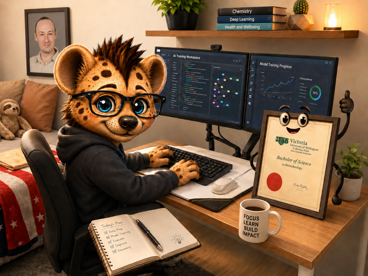 Hyena AI mascot at desk with AI training setup and creator portrait