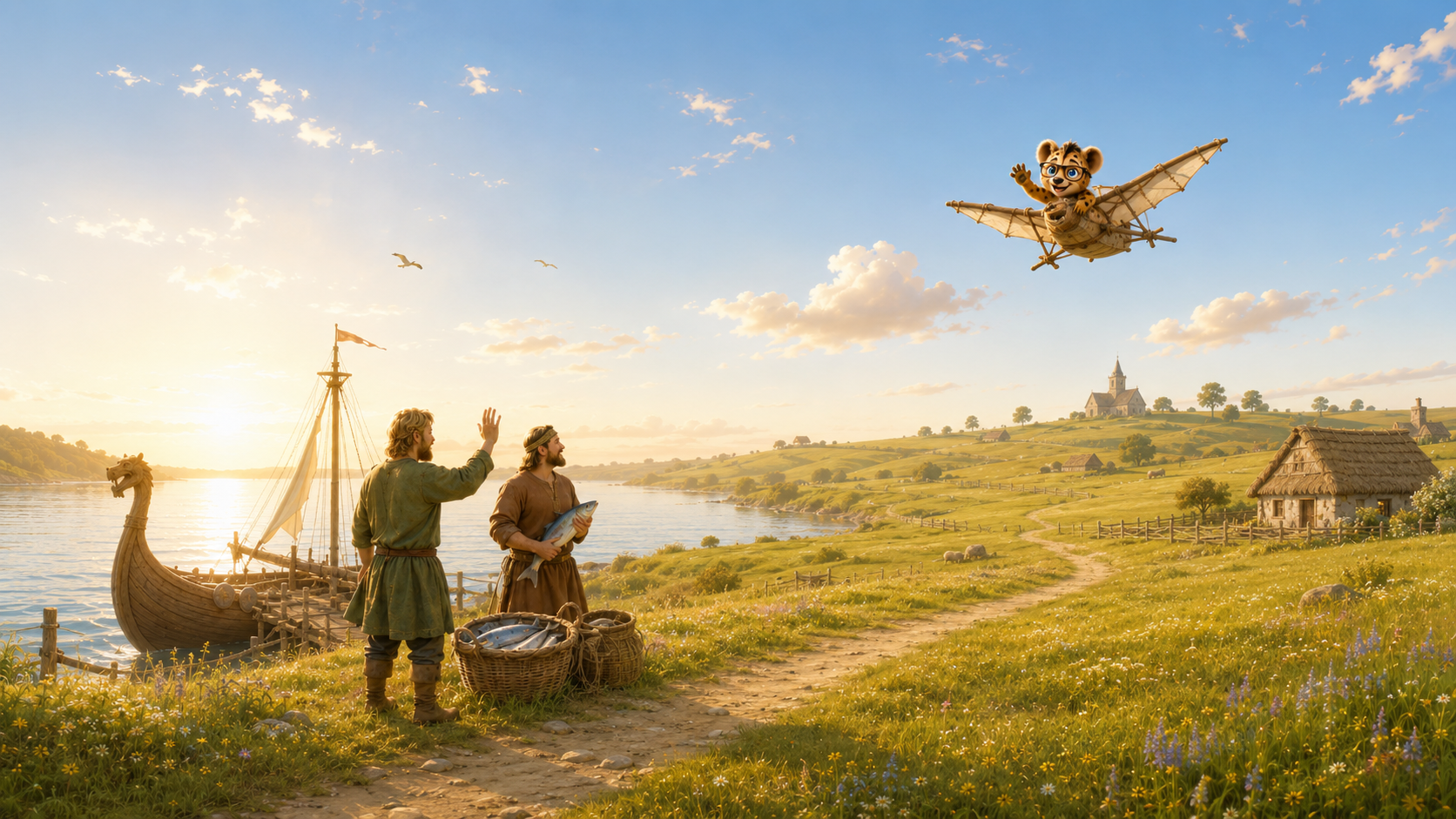 Hyena AI mascot flying over a scenic Viking landscape