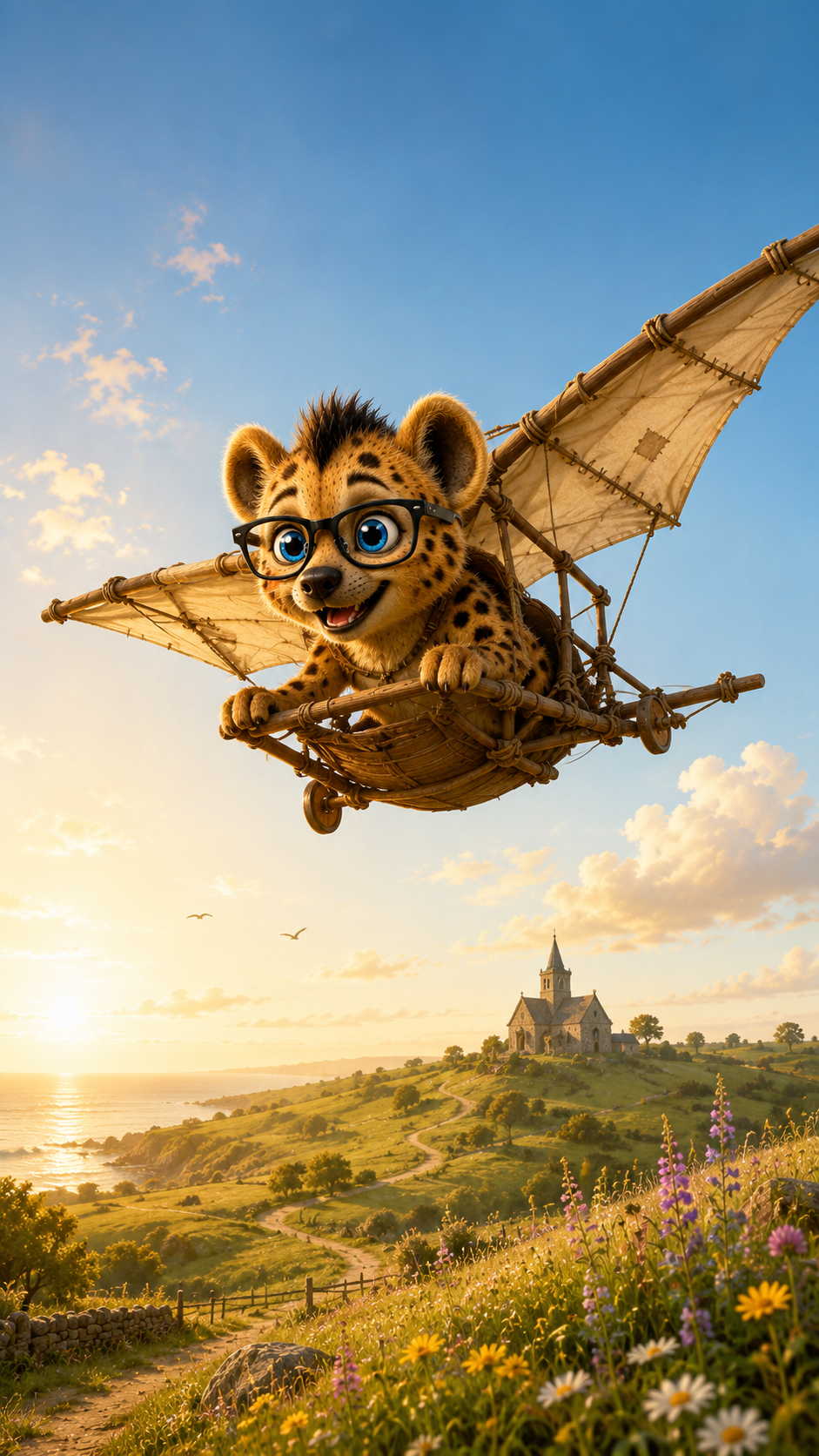 Hyena AI mascot soaring in a glider over the coastline