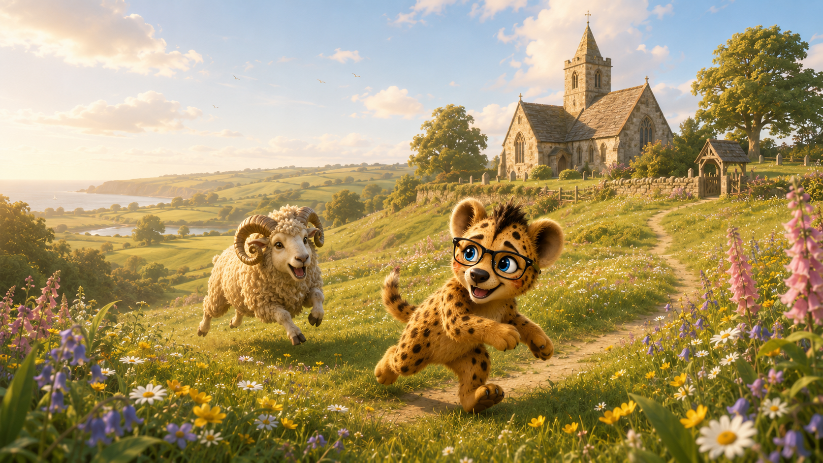 Hyena AI mascot playing tag with a ram in the countryside