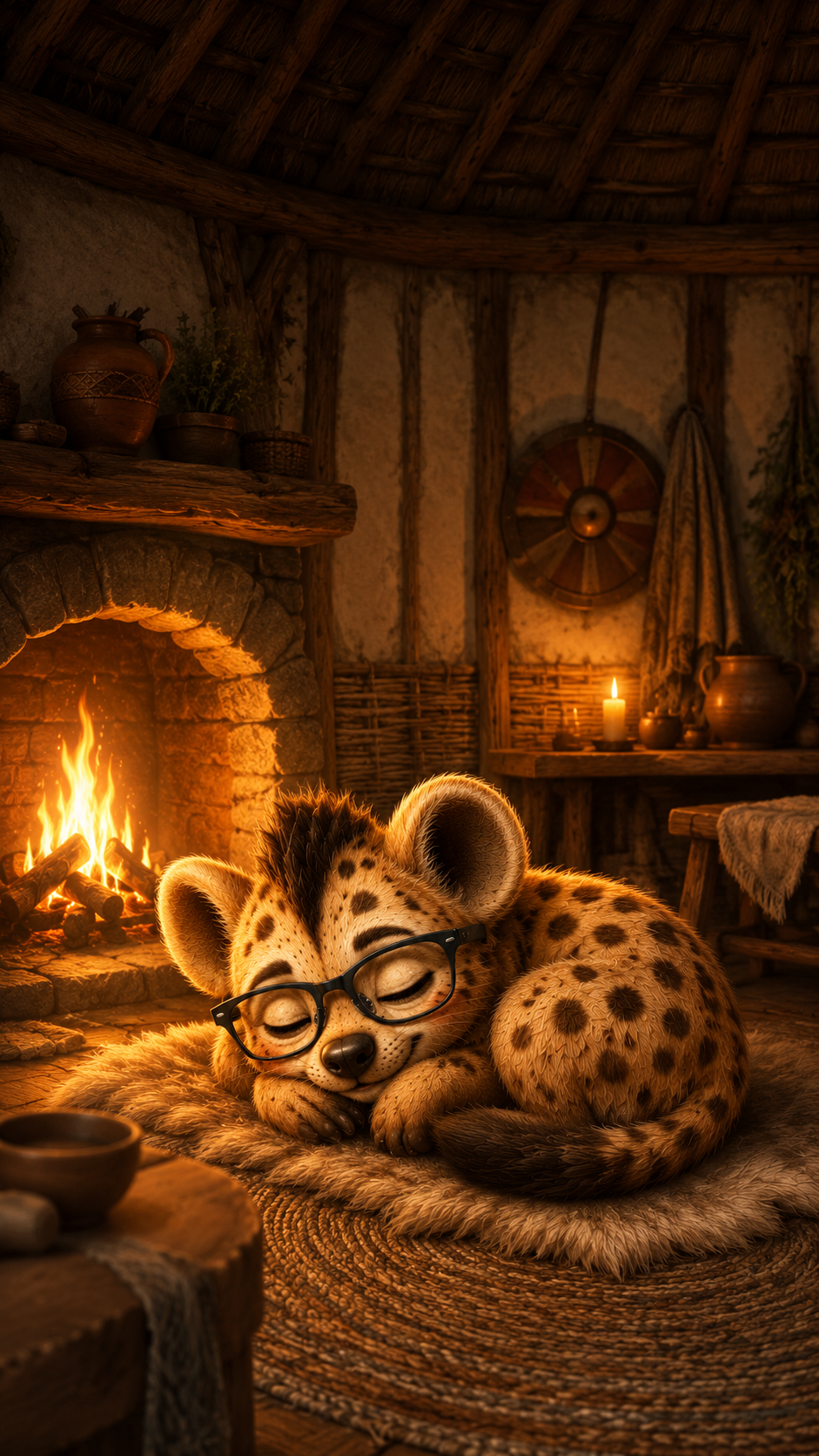 Hyena AI mascot sleeping by a cozy fireplace