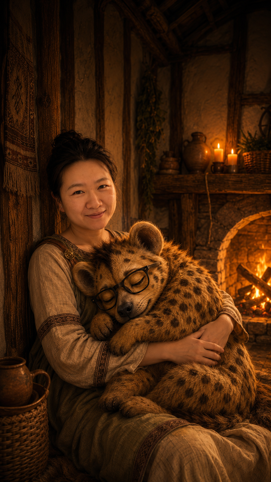 A warm embrace with the Hyena AI mascot by the fireplace