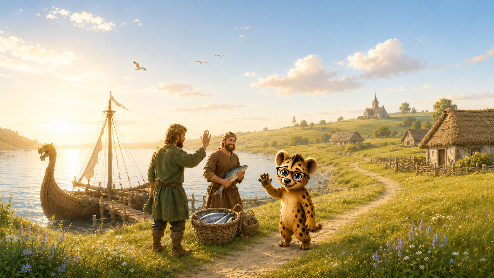 Hyena AI mascot waving hello to friendly Vikings
